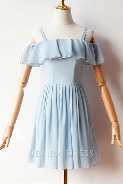 Beaira Cold Sleeves Short Prom Dress Blue Chiffon Homecoming Dress formal wear dresses