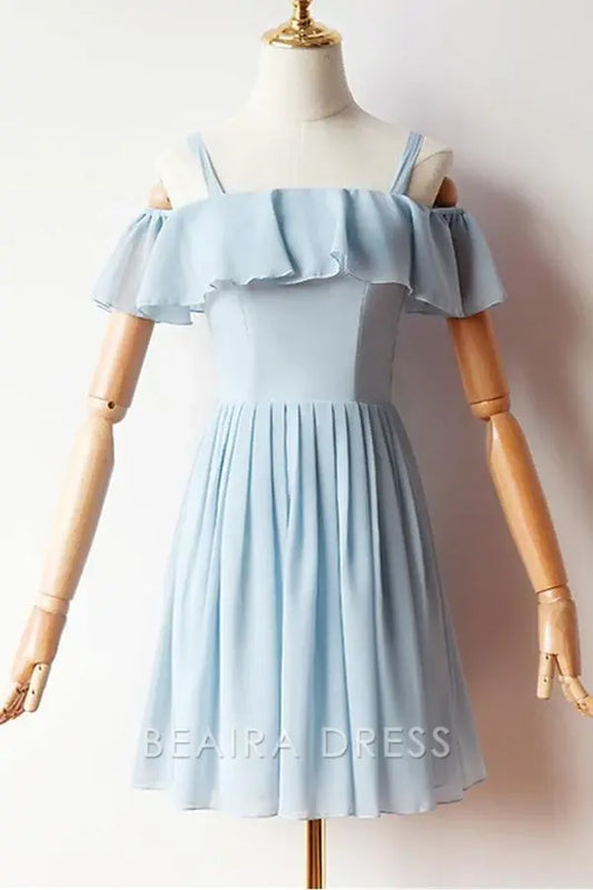 Beaira Cold Sleeves Short Prom Dress Blue Chiffon Homecoming Dress formal wear dresses