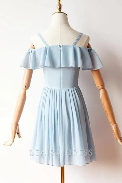 Beaira Cold Sleeves Short Prom Dress Blue Chiffon Homecoming Dress formal wear dresses
