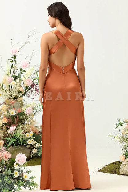 Beaira Copper A Line V Neck Bright Satin Bridesmaid Dress with Open Back Bridesmaid dress shop ﻿