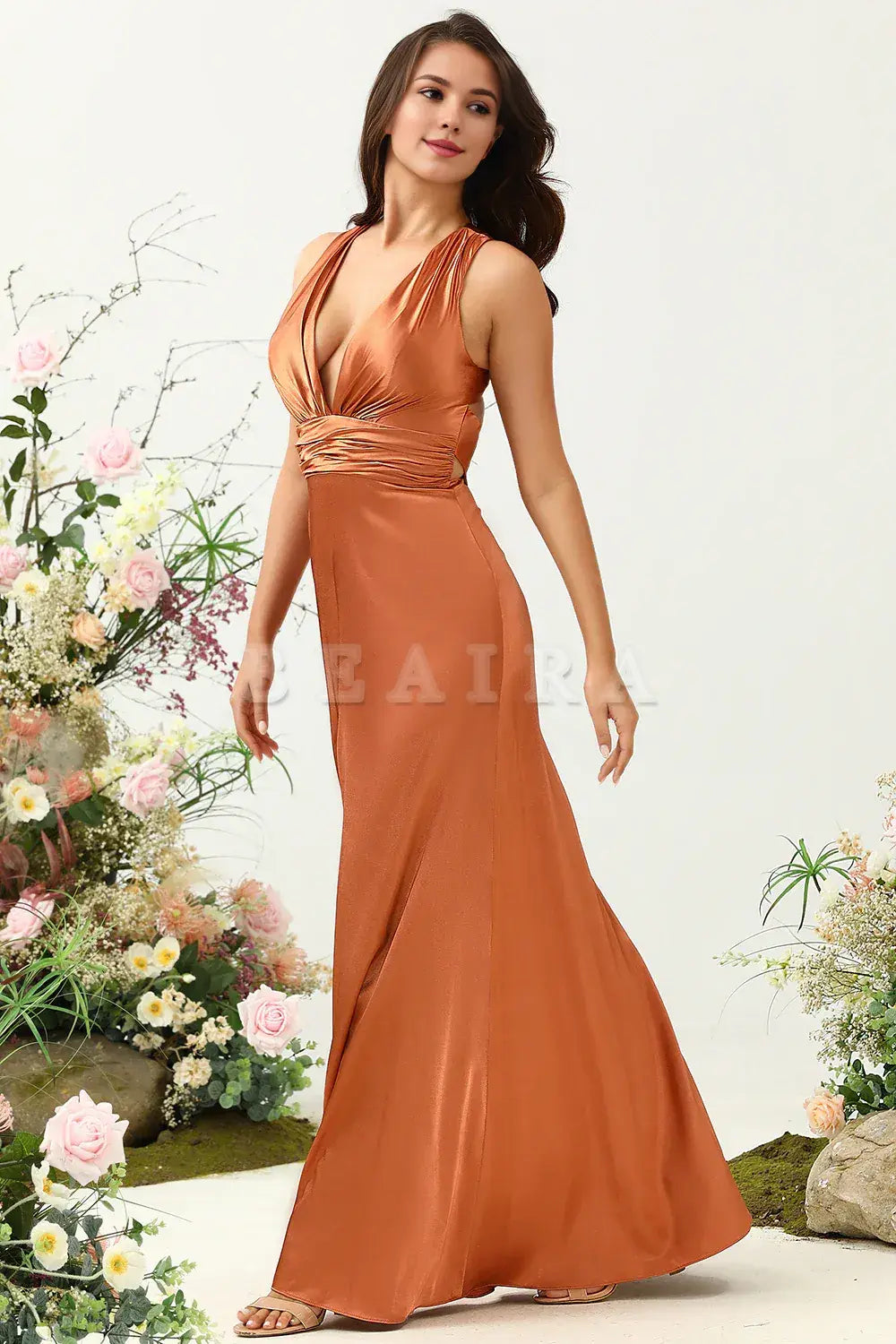 Beaira Copper A Line V Neck Bright Satin Bridesmaid Dress with Open Back Bridesmaid dress shop ﻿