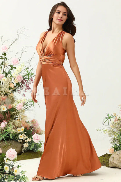 Beaira Copper A Line V Neck Bright Satin Bridesmaid Dress with Open Back Bridesmaid dress shop ﻿
