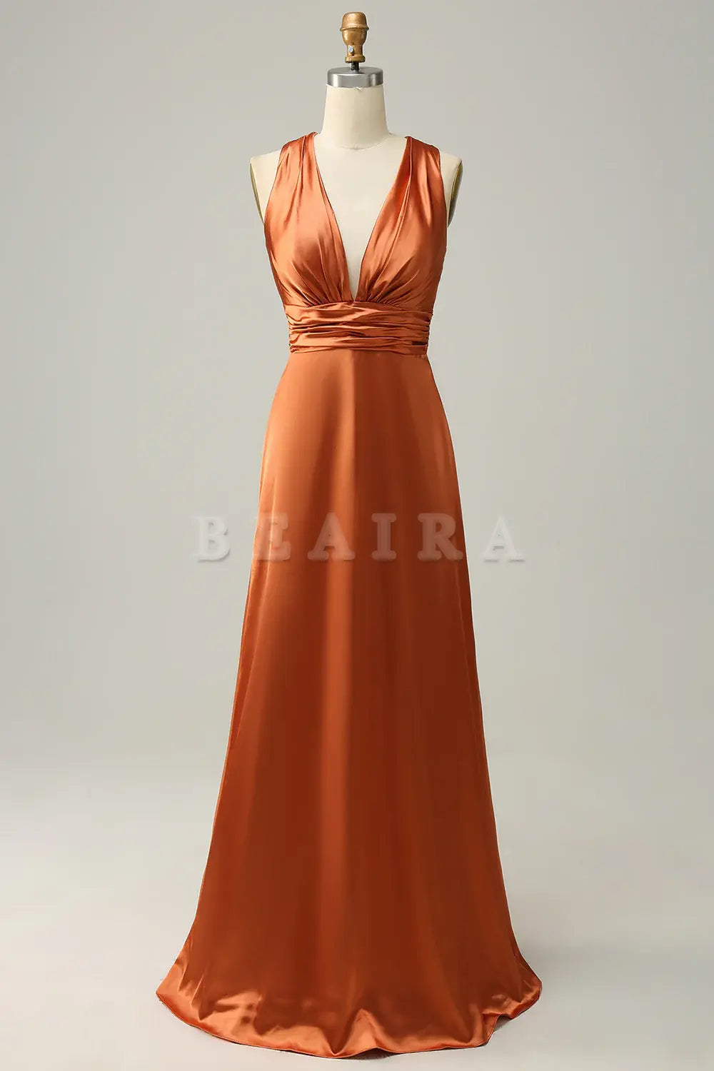 Beaira Copper A Line V Neck Bright Satin Bridesmaid Dress with Open Back Bridesmaid dress shop ﻿