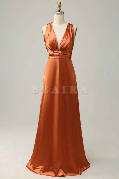 Beaira Copper A Line V Neck Bright Satin Bridesmaid Dress with Open Back Bridesmaid dress shop ﻿