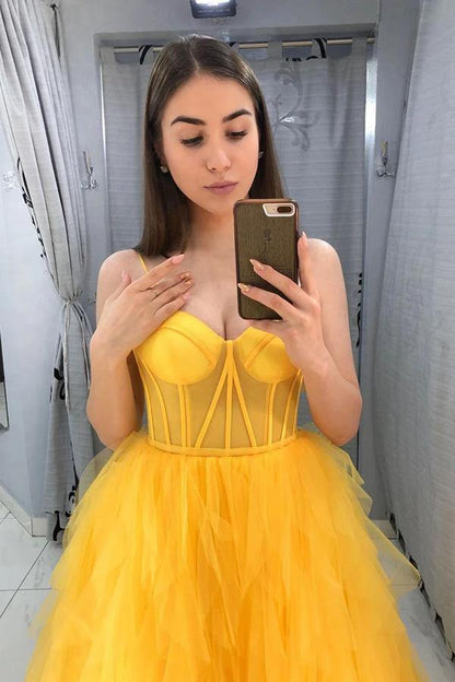 Custom Made Yellow Spaghetti Straps Sleeveless Backless Sweetheart Prom Dresses