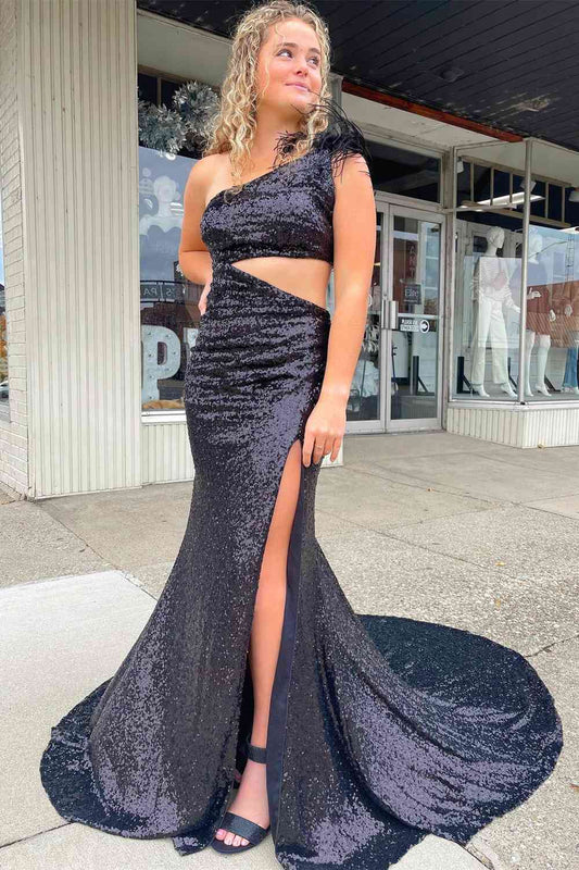 Cut-out Sequin Sheath One Shoulder Feathers Long Prom Dress With Slit