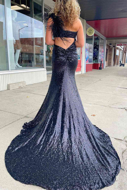 Cut-out Sequin Sheath One Shoulder Feathers Long Prom Dress With Slit