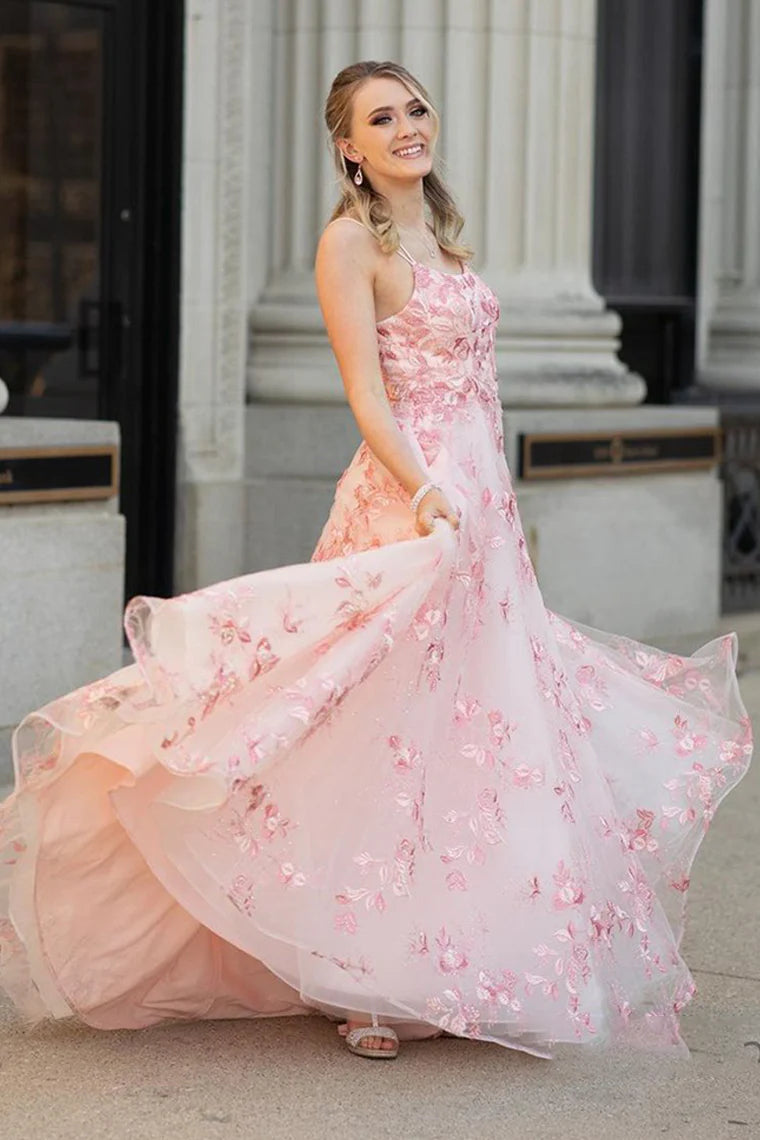 Cute Pink Tulle Lace Round Neck Princess Dress Prom Dress For Graduation