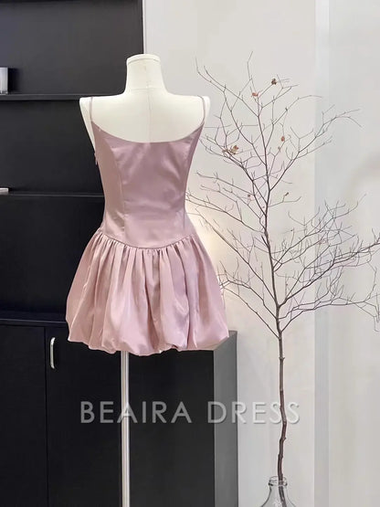 Beaira Cute A Line Spaghetti Straps Ruffled Pink Women's Short Holiday Dresses Homecoming Dress