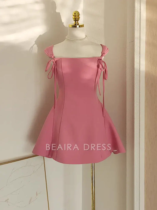 Beaira Cute A Line Straps Pink Satin Short Homecoming Dresses Birthday Outfits
