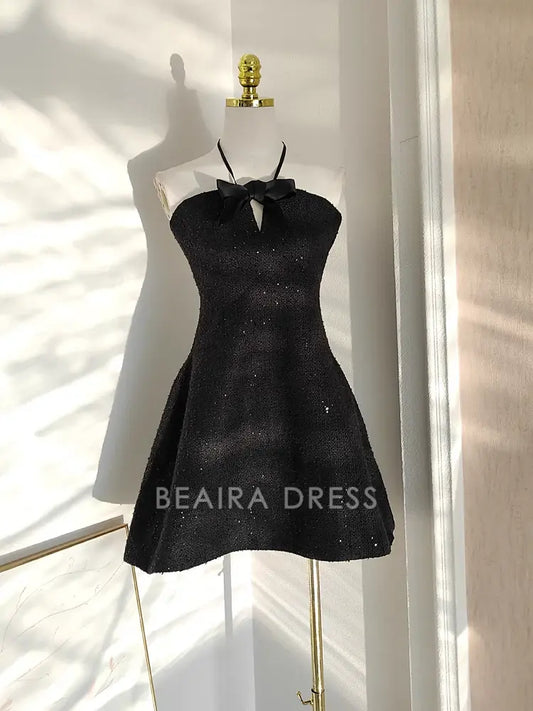 Beaira Cute A line Halter Black Short Homecoming Dresses Little Black Birthday Outfits