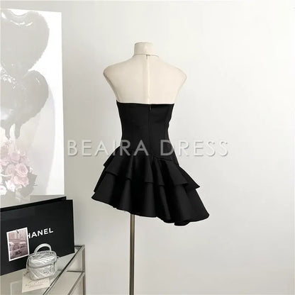 Beaira Cute A line Strapless Black Homecoming Dresses Short Satin Birthday Outfits