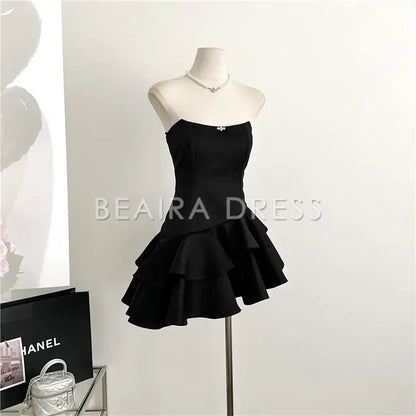 Beaira Cute A line Strapless Black Homecoming Dresses Short Satin Birthday Outfits