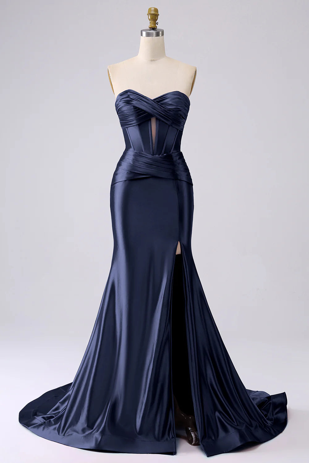 Beaira Sparkly Darrk Navy Mermaid Sweetheart Corset Long Prom Dress with Slit