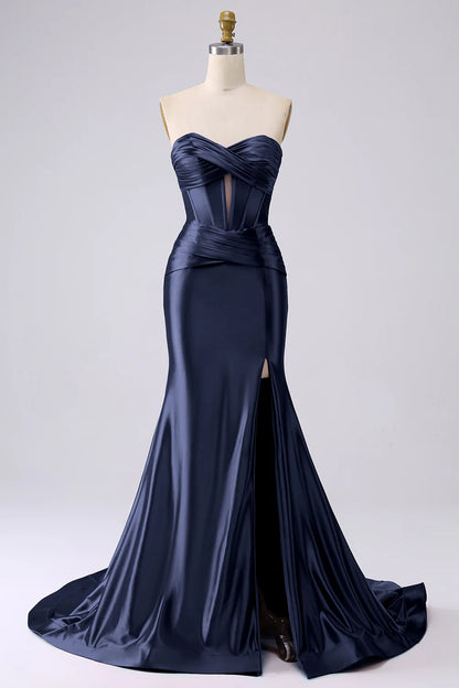 Beaira Sparkly Darrk Navy Mermaid Sweetheart Corset Long Prom Dress with Slit