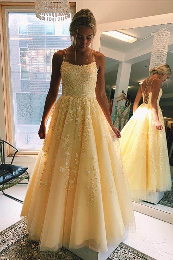 Daffodil Spaghetti Straps A-Line Tulle Long Prom Dresses With Appliques