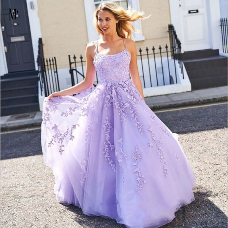 Daffodil Spaghetti Straps A-Line Tulle Long Prom Dresses With Appliques