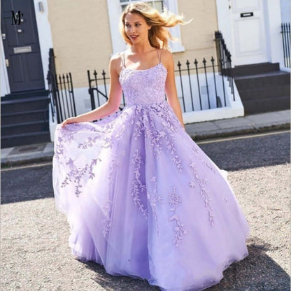 Daffodil Spaghetti Straps A-Line Tulle Long Prom Dresses With Appliques