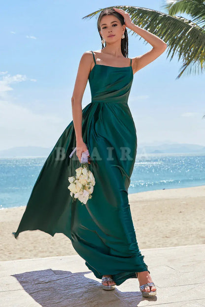 Beaira Dark Green A Line Spaghetti Straps Ruched Satin Bridesmaid Dress Bridesmaid dress shop ﻿