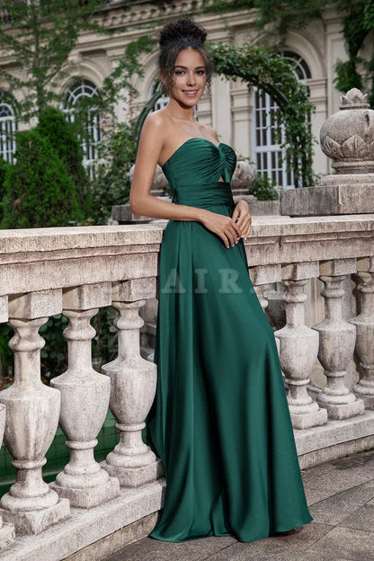 Beaira Dark Green A Line Sweetheart Satin Cut Out Pleated Long Wedding Party Guest Dress Bridesmaid dress shop