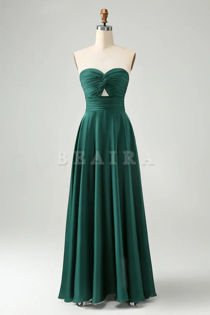 Beaira Dark Green A Line Sweetheart Satin Cut Out Pleated Long Wedding Party Guest Dress Bridesmaid dress shop