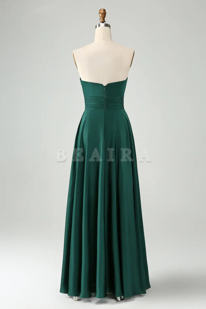 Beaira Dark Green A Line Sweetheart Satin Cut Out Pleated Long Wedding Party Guest Dress Bridesmaid dress shop