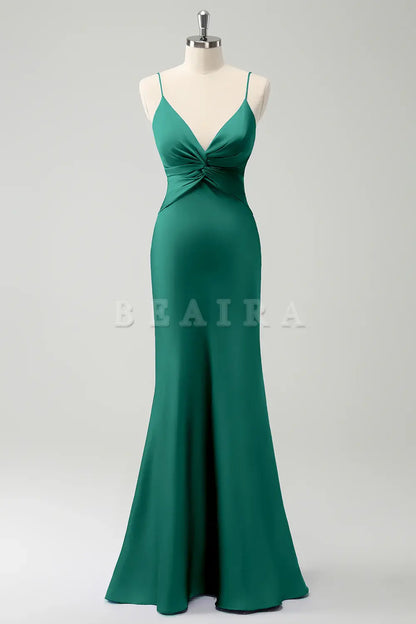 Beaira Dark Green Mermaid Front Criss Cross Ruched Long Bridesmaid Dress Bridesmaid dress shop ﻿