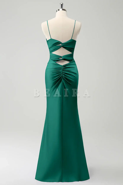 Beaira Dark Green Mermaid Front Criss Cross Ruched Long Bridesmaid Dress Bridesmaid dress shop ﻿