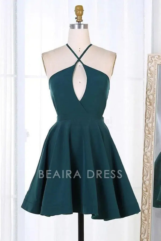 Beaira Dark Green Short Satin Homecoming Dresses Party Dresses formal wear dresses