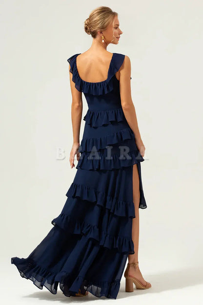 Beaira Dark Navy A-Line Square Neck Tiered Long Bridesmaid Dress Bridesmaid dress shop