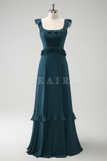 Beaira Dark Peacock Green A Line Square Neck Chiffon Long Bridesmaid Dress with Ruffles Bridesmaid dress shop