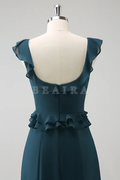Beaira Dark Peacock Green A Line Square Neck Chiffon Long Bridesmaid Dress with Ruffles Bridesmaid dress shop
