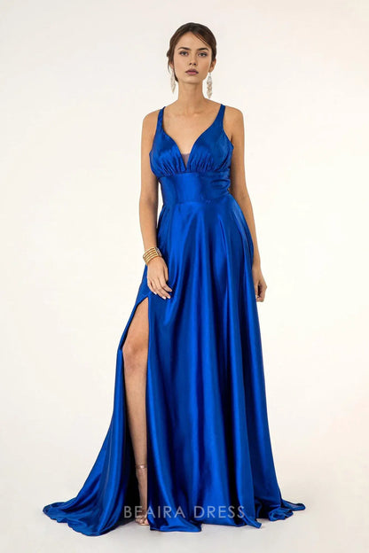 Simple Deep V - Neck Satin Maxi Dress with High Slit prom dress (Multiple Colors)