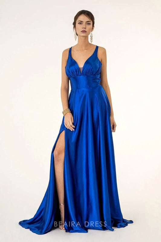 Simple Deep V - Neck Satin Maxi Dress with High Slit prom dress (Multiple Colors)