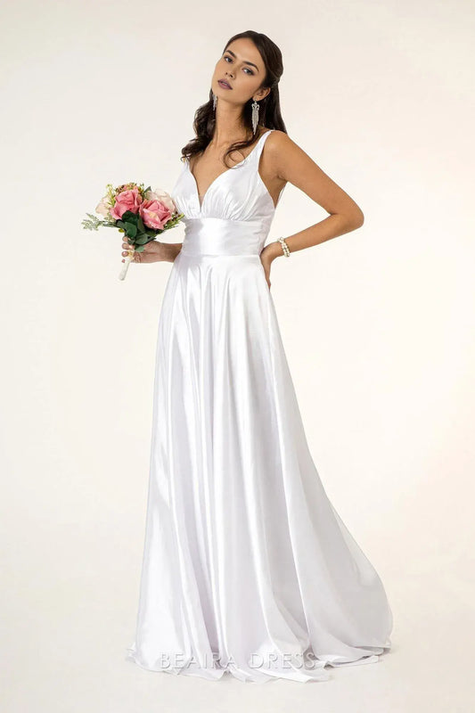 Simple Deep V - Neck Satin Maxi Dress with High Slit prom dress (Multiple Colors)