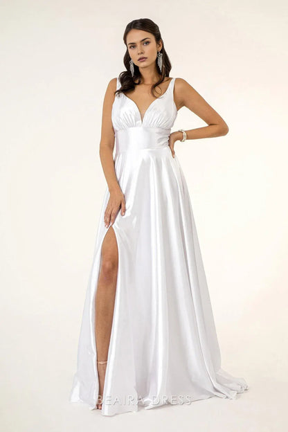 Simple Deep V - Neck Satin Maxi Dress with High Slit prom dress (Multiple Colors)