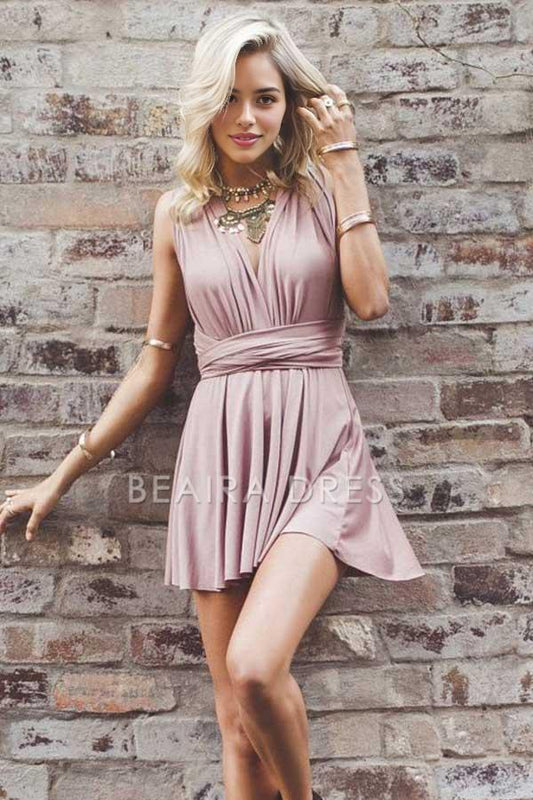 Beaira Simple Deep V-Neck Criss-Cross Straps Short Blush Satin Homecoming Dress formal wear dresses