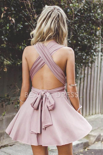 Beaira Simple Deep V-Neck Criss-Cross Straps Short Blush Satin Homecoming Dress formal wear dresses