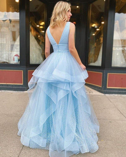 Delicate Ball Gown Sleeveless V Neck Backless Light Blue Long Prom Dresses