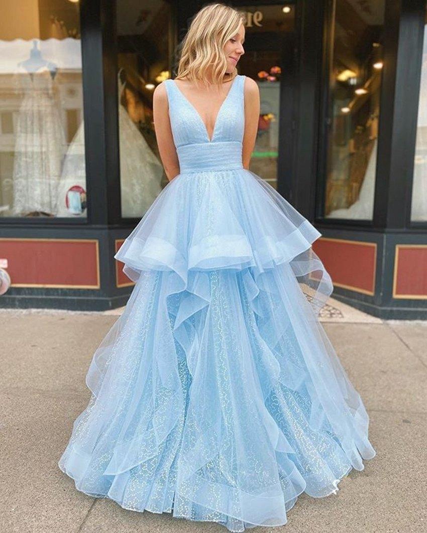 Delicate Ball Gown Sleeveless V Neck Backless Light Blue Long Prom Dresses