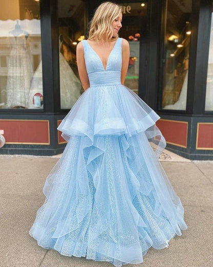 Delicate Ball Gown Sleeveless V Neck Backless Light Blue Long Prom Dresses
