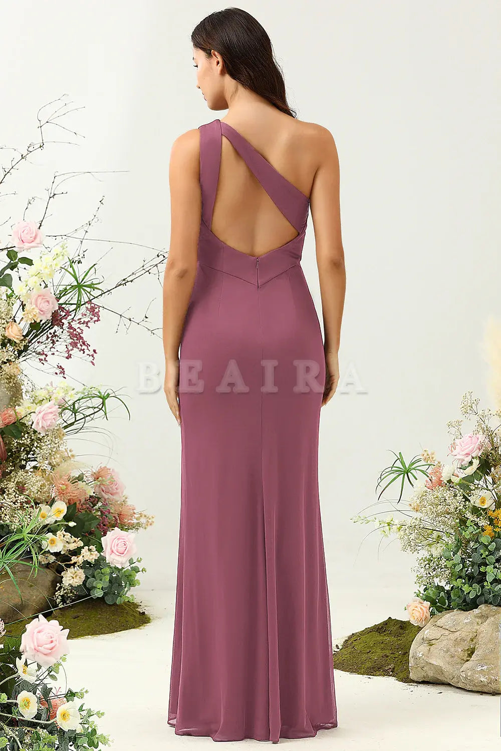 Beaira Desert Rose Mermaid One Shoulder Long Bridesmaid Dress with Slit Bridesmaid dress shop