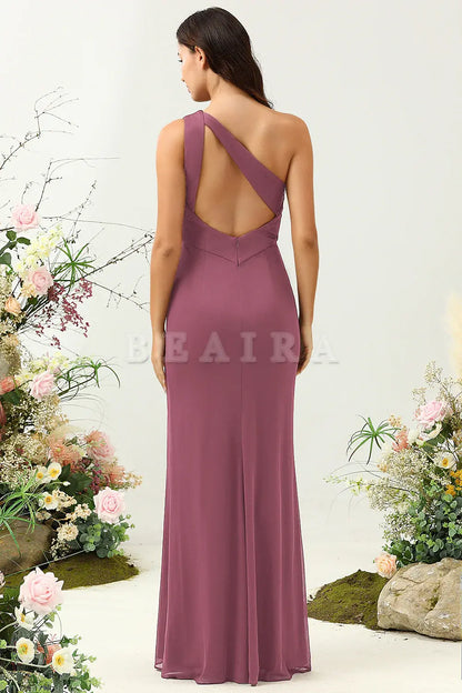 Beaira Desert Rose Mermaid One Shoulder Long Bridesmaid Dress with Slit Bridesmaid dress shop