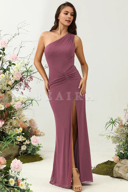 Beaira Desert Rose Mermaid One Shoulder Long Bridesmaid Dress with Slit Bridesmaid dress shop