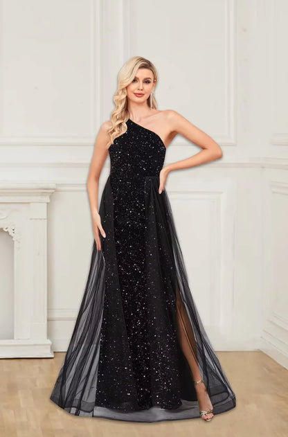 Detachable Mermaid One Shoulder Sequin Tulle Prom Dresses With Slit