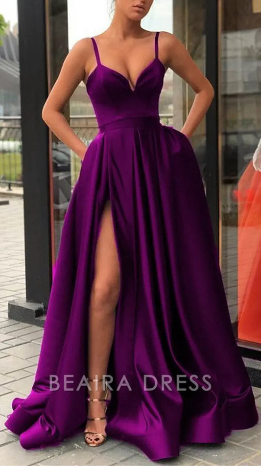 Beaira Elegant Discount Purple spaghetti straps V-neck long prom dress purple evening dress satin party dresses formal wear dresses