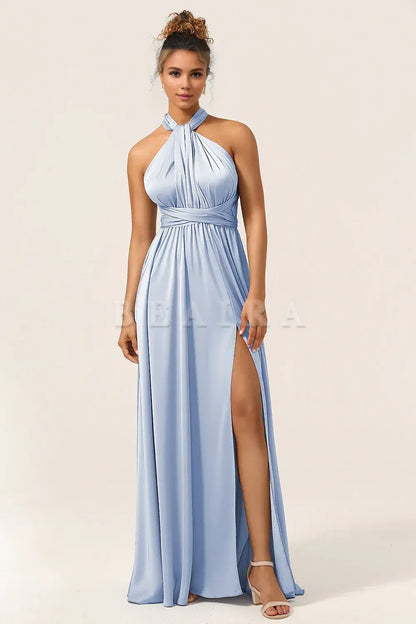 Beaira Dusty Blue A-Line Convertible Floor Length Satin Bridesmaid Dress Bridesmaid dress shop