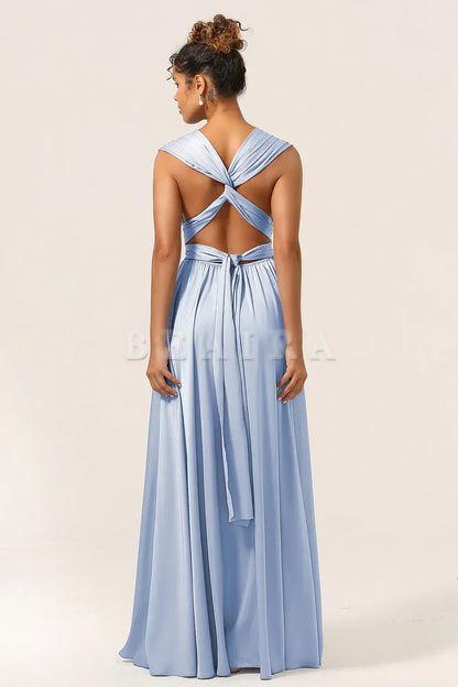 Beaira Dusty Blue A-Line Convertible Floor Length Satin Bridesmaid Dress Bridesmaid dress shop