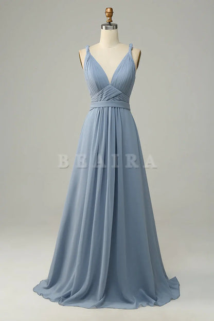 Beaira Dusty Blue A Line Deep V Neck Chiffon Bridesmaid Dress Bridesmaid dress shop