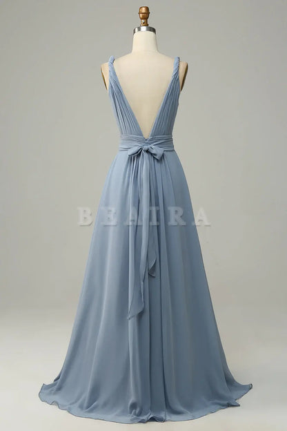 Beaira Dusty Blue A Line Deep V Neck Chiffon Bridesmaid Dress Bridesmaid dress shop